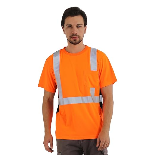 sesafety Safety Reflective Shirts, Class 2 High Visibility Shirts for Men Construction Work Mesh Short Sleeve Orange L