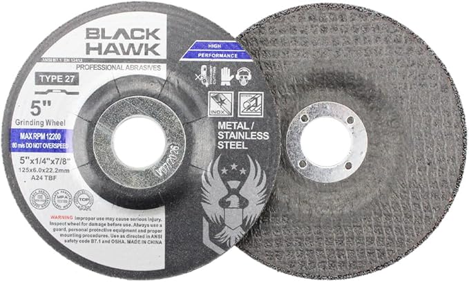 BHA Depressed Center Metal Grinding Wheels for Angle Grinders, 5” x 1/4” x 7/8” - 5 Pack