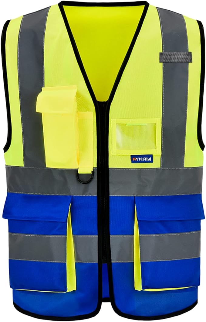 6XL 7XL 8XL High Visibility Yellow Blue REFLECTIVE Safety Vest with zipper Reflective Strips 7 Pockets