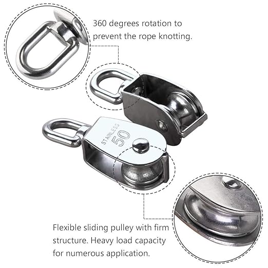 Rocaris 4 Pack M50 Single Pulley Snatch Block Lifting Crane Heavy Duty Swivel Hook 304 Stainless Steel, 3/8" Rope x 2" Sheave, 880lbs Load