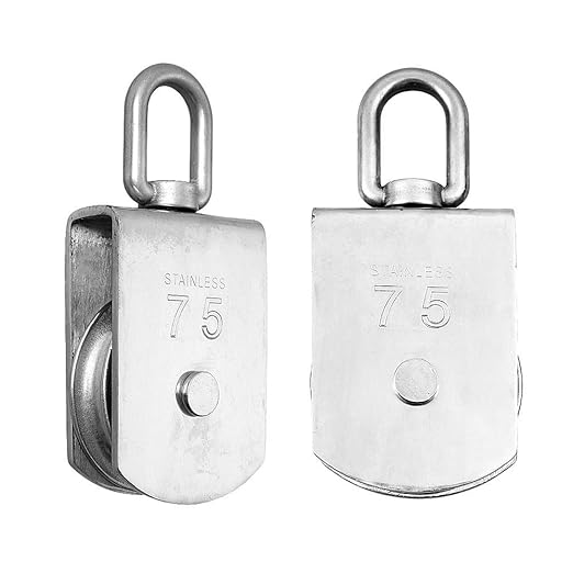 Rocaris 2 Pack M75 Lifting Single Pulley Roller Loading 1700Ibs, 304 Stainless Steel Heavy Duty Single Wheel Swivel Lifting Rope Pulley Block