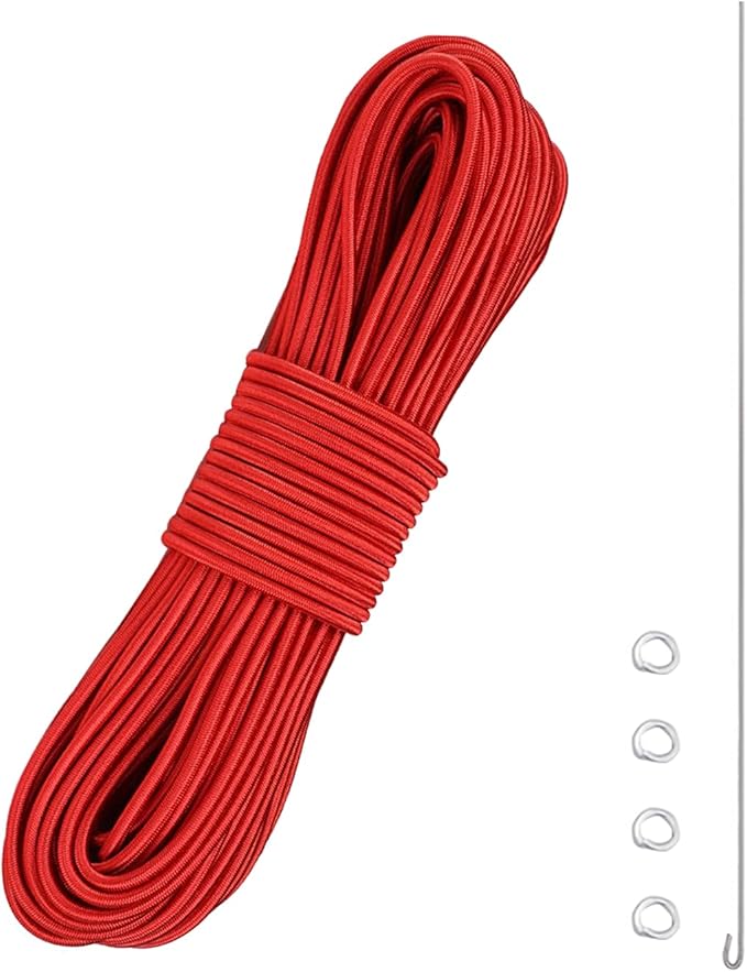 Tent Pole Shock Cord 60ft, Elastic Bungee Cord, Replacement Shock Cord for Tent Poles, Tent Pole Repair Kit, Elastic Cord with Lead Wire and Washers