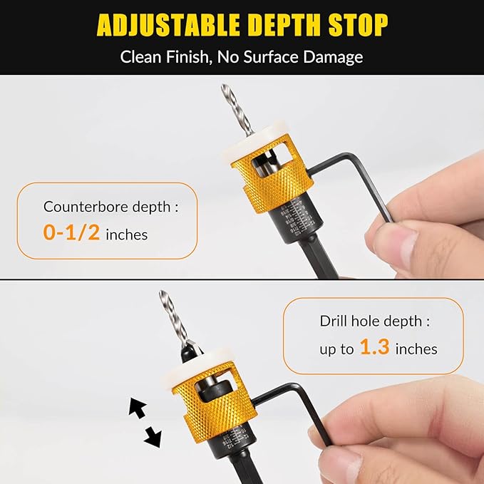 5PCS Countersink Drill Bit Set, Low Friction Depth Stop, 1/8 9/64" 5/32" Drill + 3/8” 82° Counter-Bore, 11/64" 3/16" Drill + 1/2" 82° Counter-Bore, 1/4" Hex Shank, for Woodworking, with Storage Box