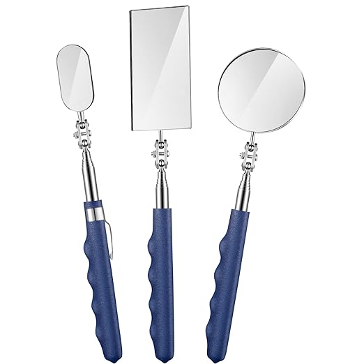 3 Pieces Telescoping Inspection Mirror Stainless Steel Extendable Mechanic Mirror with Long Handle Tool for Technicians Mechanics Contractors(50/50/25 mm,Square,Round,Oval)