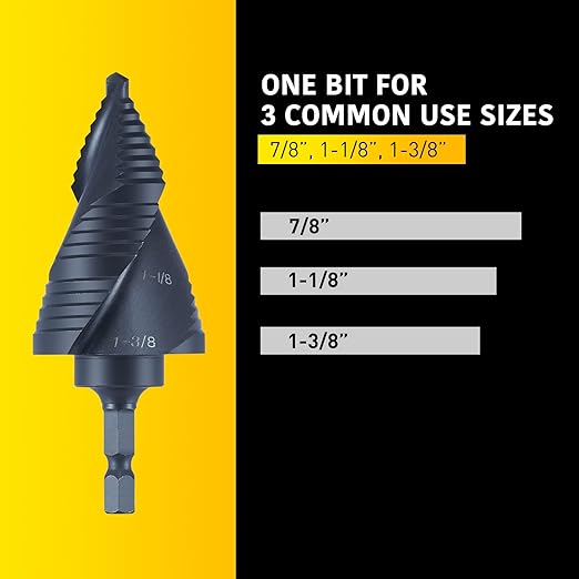3 Sizes M2 Quick Change Step Drill Bit, 7/8", 1-1/8", 1-3/8" Black Cone Drill Bits for Steel Metal Sheet Hole Drilling Cutting, Multiple Hole Sprial Unibit, Stepped Up Bits Home Tools