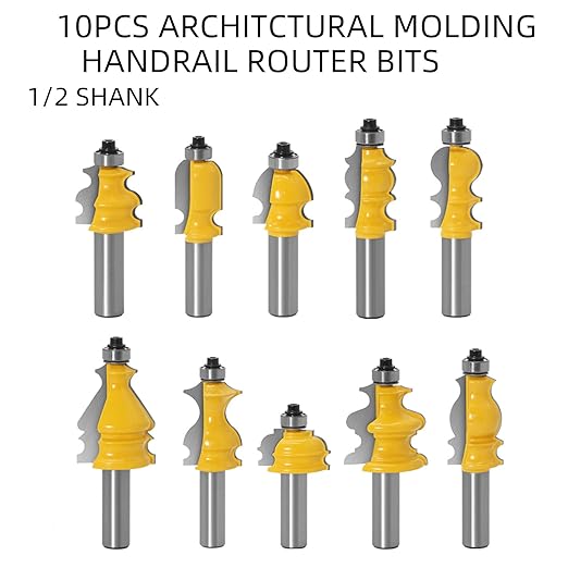 10PCS Architectural Molding Router Bit Set 1/2 Shank Casing Base CNC Line Handrail Woodworking Cutters Face Mill Woodworking Chisel Cutter Milling Tool