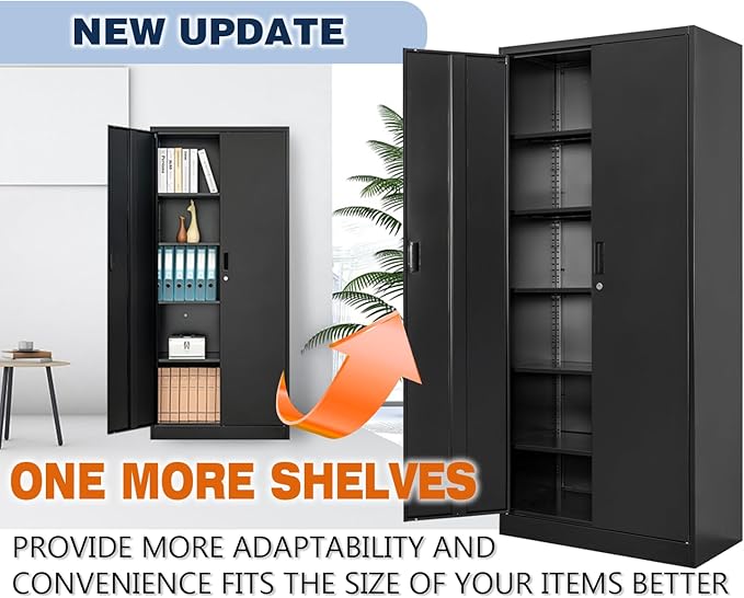BESFUR Metal Cabinet with 5 Adjustable Shelves and Doors, Locking Storage Cabinet for Garage, Classroom and Office - Black