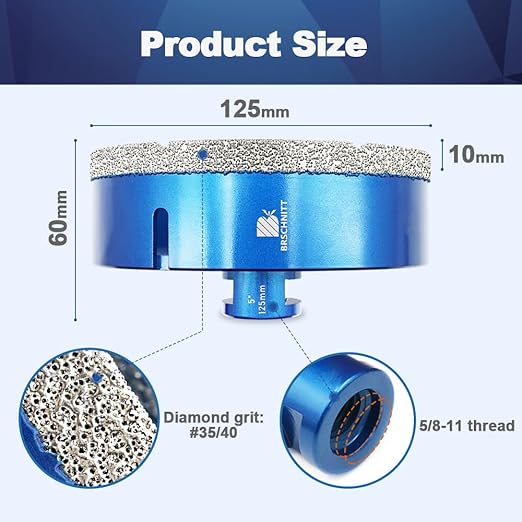 125mm Diamond Core Drill Bit for Porcelain Tile Ceramic Marble Granite Drilling,BRSCHNITT 1pc Vacuum Brazed Diamond Hole Saw with 5/8-11 Thread (125mm)