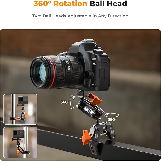 K&F Concept Camera Clamp Mount, Super Clamp Mount Magic Arm with Two 360° Ball Heads, 1/4" Screw Threads for ARRI Compatible with DSLR, Action Camera, Tripod, Phone for Gopro/Insta360