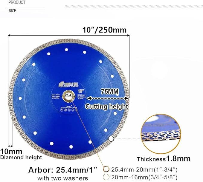 SHDIATOOL 10-Inch Diamond Saw Blade Cutting Disc for Porcelain Tile Ceramic Granite Marble Brick 250mm (2-Pack)