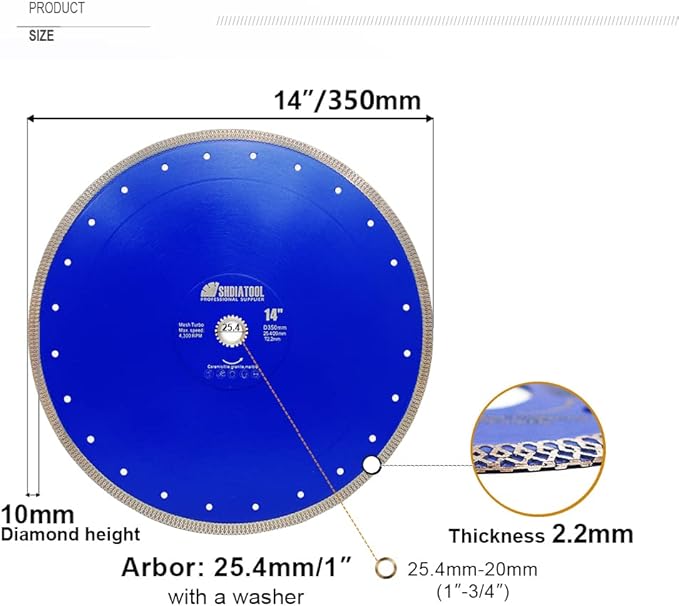 SHDIATOOL 14 Inch Diamond Saw Blade Cutting Porcelain Tile Ceramic Granite Marble Brick
