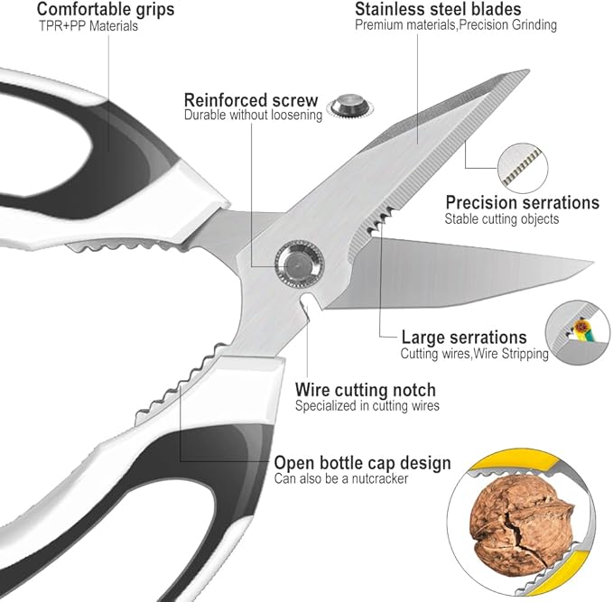 Heavy Duty 8'' Multipurpose Scissors with Protective Cover, Stainless Steel Serrated Blades, Easy Cutting Cardboard, Leather, Fabric, Wires, White