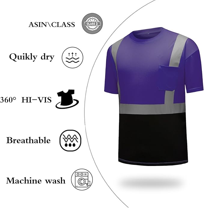 High Visibility Shirts Quick Dry Safety T Shirts with Reflective Strips and Pocket Short Sleeve Mesh Hi Vis Construction Work Class 2 Shirt for Men/Women Black Bottom Purple,4XL