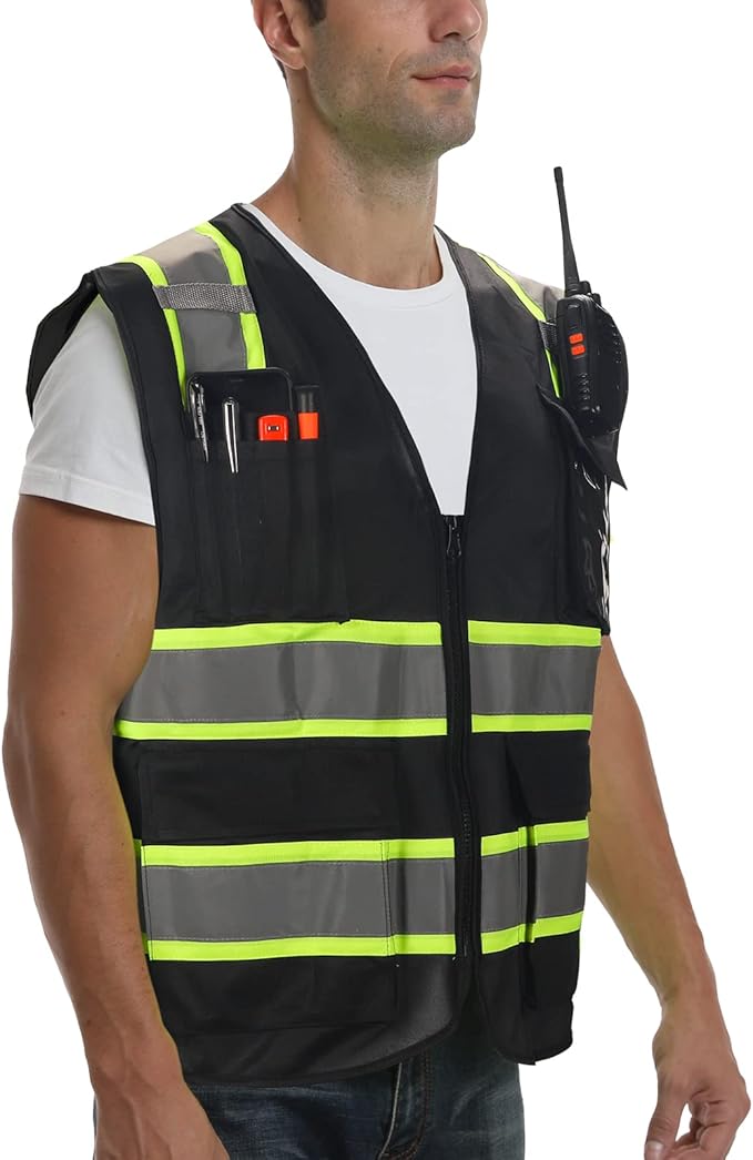 9 Pocket Hi Vis Safety Vest with Reflective Strips & Zipper Closure - Black, XL