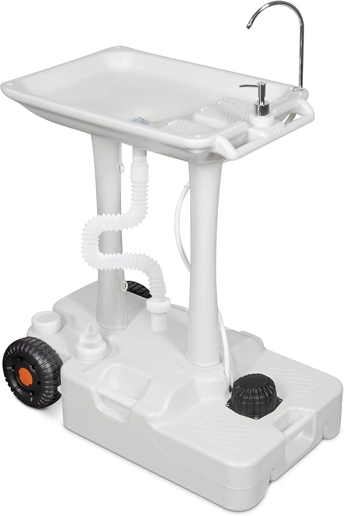 Hike Crew XL Portable Outdoor Foot Pump Camping Sink – Collapsible Hand Wash Basin w/ 7 Gallon (30L) Water Tank, Wheels, Soap Dispenser, Gooseneck Faucet & Towel Holder – for RV, Travel, Worksite