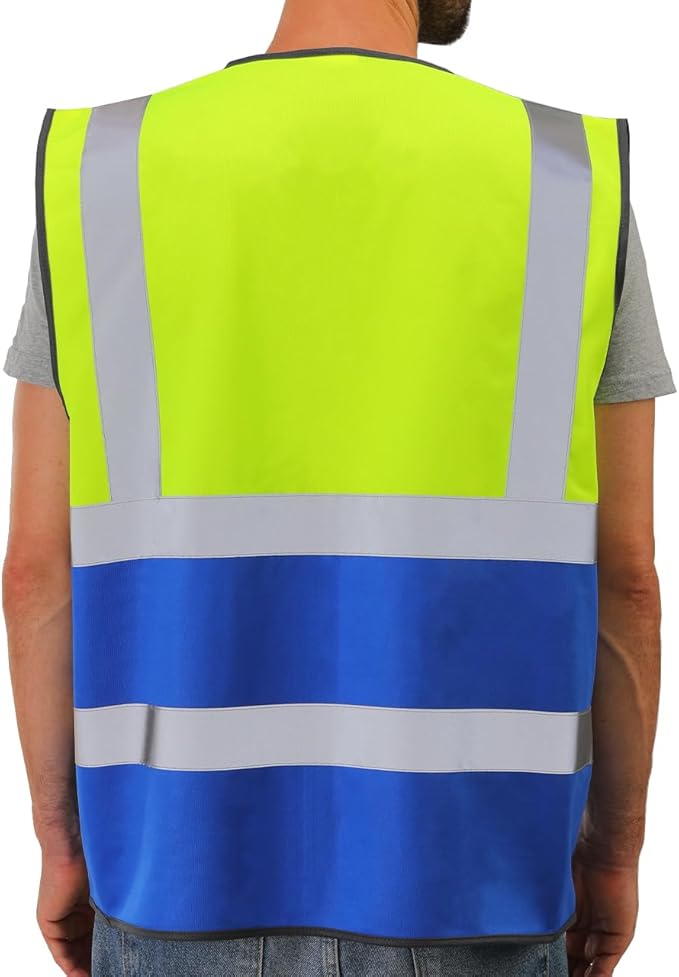 Dib Safety Reflective Vest High Visibility with Pockets and Zipper, Yellow and Blue 4XL