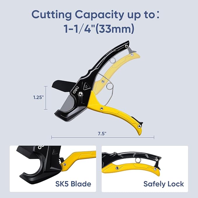DELI PVC Pipe Cutter, Up to 1-1/4", Ratchet Pipe Shears Heavy-Duty, Pex Cutting Tool for Cutting PEX, PVC, PPR Plastic Hoses and Plumbing Pipe
