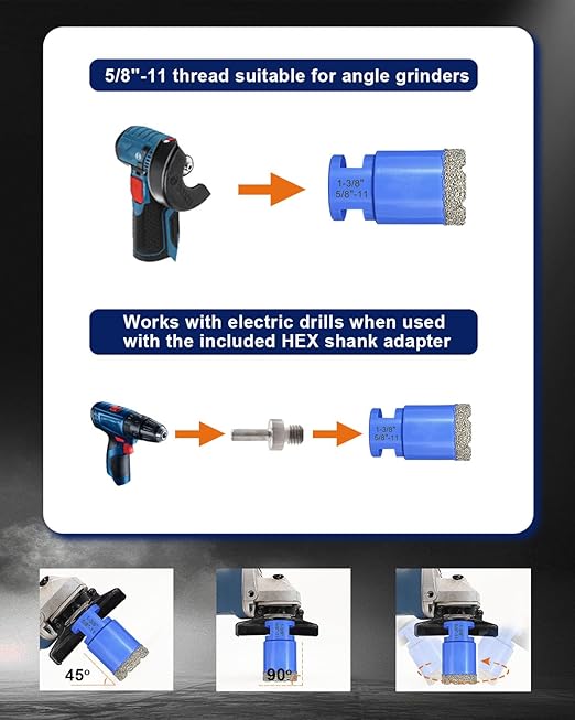 Diamond Tile Hole Saw Kit - 9Pcs 1/4'' X 2, 5/16'', 4/5'', 1'', 1-3/8'', 2'' Drill Bits Set，1-3/8''Beveling Chamfer Bit，HEX Shank Adapter for Porcelain Tile Ceramic Granite Marble