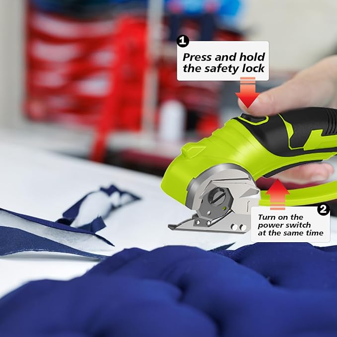 Cordless Electric Scissors, 4V Box Cutter & Cardboard Cutter with Upgrade Blade, LED Light, Safety Lock - Rechargeable Rotary Cutter for Fabric, Leather, Plastic, Crafting, Sewing, Industrial (Green)