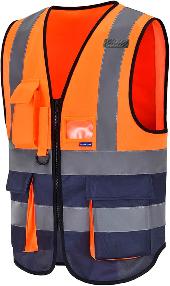 A-SAFETY High visibility vest,Reflective Safety Vest Workwear 7 Pockets Hi Vis Durable Vest with Reflective Tapes 4 Lower Pockets,Orange&Navy M