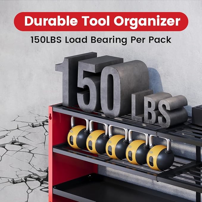 4 Layers Power Tool Organizer Wall Mount with Power Strip, Heavy Duty Metal Shelf, 400lbs Capacity for Cordless Drills, Batteries & Garage Storage (12 Slots with 8 Outlets Power Strip)