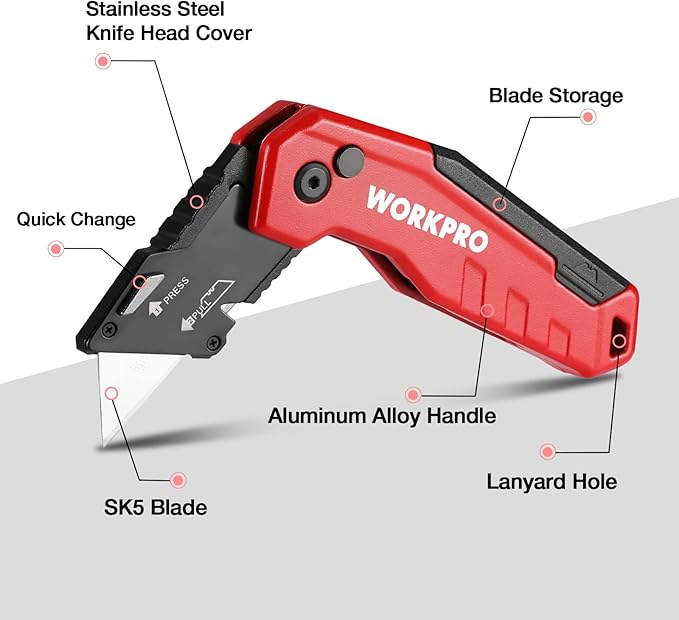 WORKPRO Folding Utility Knife, Quick Change Box Cutter, Razor Knife for Cartons, Cardboard, Boxes, Blade Storage in Aluminum Handle, 13 Extra Blades Included (Red)