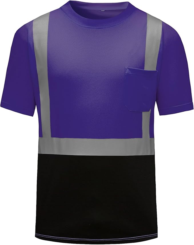 High Visibility Shirts Quick Dry Safety T Shirts with Reflective Strips and Pocket Short Sleeve Mesh Hi Vis Construction Work Class 2 Shirt for Men/Women Black Bottom Purple,Medium