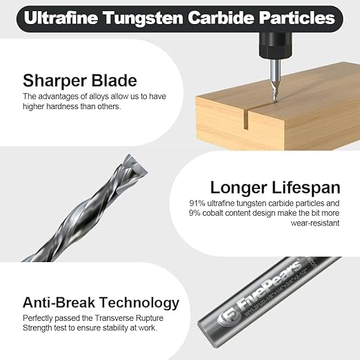 FivePears Up&Down Cut Compression Spiral Router Bit for CNC, 1/8 inch Cutting Diameter and 3/4 inch Cutting Length 1/4 in Shank Carbide End Mill Router Bit for Wood Carving Engraving Grinding Grooving