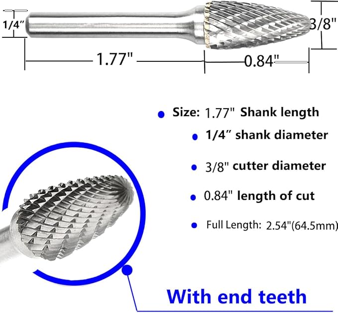 Carbide Burr Set 1/4" Shank SF-3 Die Grinder Bits Tungsten Double Cut Burr Bits (3/8" Cutter Dia X 0.84" Cutter Length) for Die Grinder Kits Metal Grinding Drilling Polishing (3pcs)