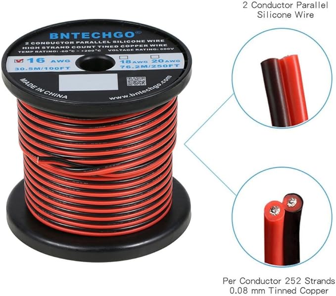 BNTECHGO 16 Gauge Flexible 2 Conductor Parallel Silicone Wire Spool Red Black High Resistant 200 deg C 600V for Single Color LED Strip Extension Cable Cord,Model,100ft Stranded Tinned Copper Wire