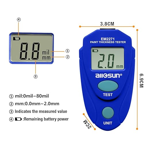 allsun EM2271 Portable Paint Coating Thickness Meter 0-2mm/80mil,Non-Destructive Coating Tester for Iron Steel Aluminum with Auto Shut-off