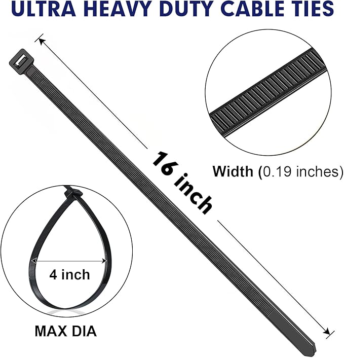Zip Ties, RAZCC 1200pcs Black Cable Zip Ties 16 Inch, Heavy Duty Plastic Wire Ties with 70lb Tensile Strength, Self-Locking Black Nylon Tie Wraps for Indoor and Outdoor