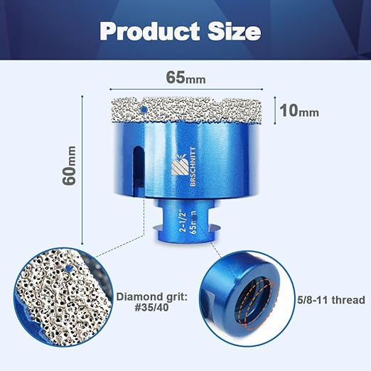 2-1/2 Inch Diamond Core Drill Bit for Porcelain Tile Ceramic Marble Granite Drilling,BRSCHNITT 2pcs Vacuum Brazed Diamond Hole Saw with 5/8-11 Thread (65mm 2pcs)