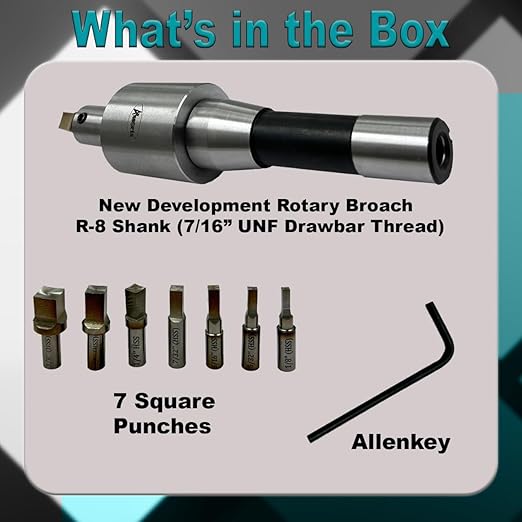 ASSORTS Precision Rotary Broach with R8 Shank (7/16" UNF Drawbar Thread) and H.S.S Square Punch 7 Pcs– Ideal for CNC, Lathe, Milling & Drilling Machines