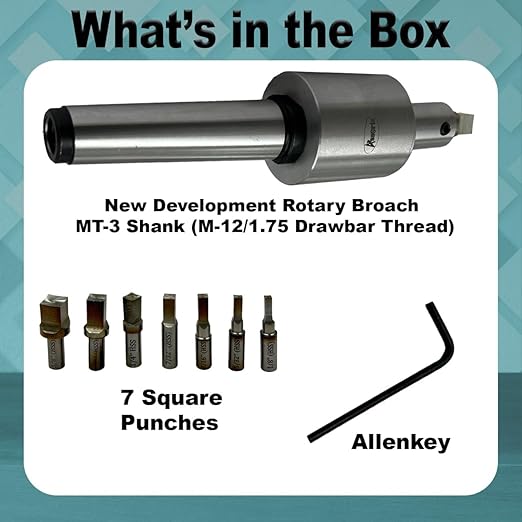 ASSORTS Precision Rotary Broach with MT3 M12 x 1.75 Drawbar Thread and H.S.S Square Punch 7 Pcs– Ideal for CNC, Lathe, Milling & Drilling