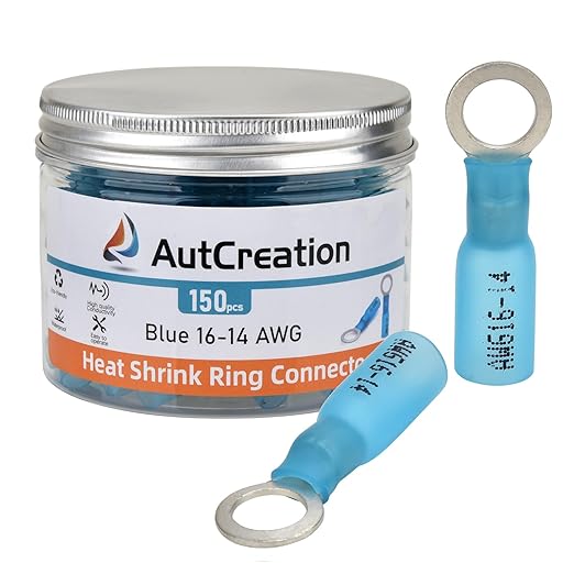AutCreation 150PCS Heat Shrink Ring Terminals 1/4" Blue 16-14 AWG Marine Grade Electrical Wire Connectors, Tinned Red Copper Resistant Ring Connectors, Insulated Waterproof Crimp Terminals