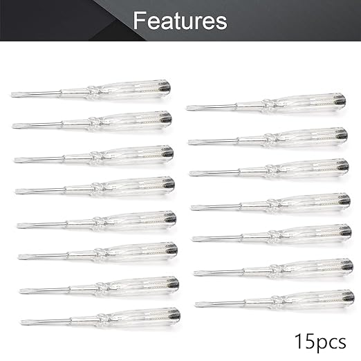Fielect 15pcs Voltage Tester Voltage Detector Pen Circuit Tester Tool Steel Batch Slotted Test Pencil JRDB-865 AC/DC 100-500V Clear