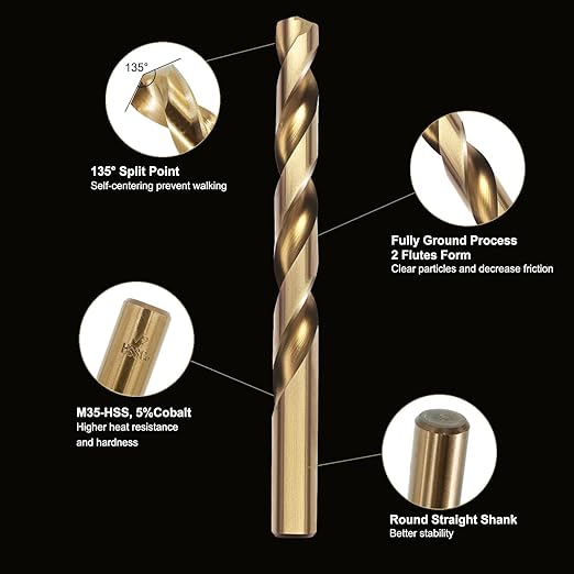 29Pcs Cobalt Drill Bit Set (1/16"-1/2"), M35 HSS, 135 Degree Tip, Twist Jobber Length for Hardened Metal, Stainless Steel, Cast Iron, Wood, and Plastics, with Index Storage Case