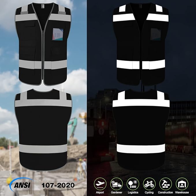 TCCFCCT High Visibility Vest 5 Pockets Reflective Safety Work Vest with High Reflective Strips, Meets ANSI/ISEA Standards, Black, XL
