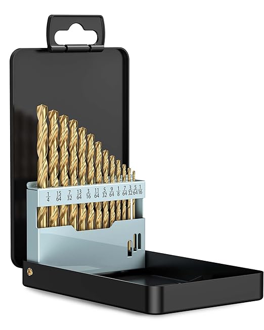 Lichamp 13-Piece HSS Drill Bit Set, Titanium Coating High-Speed Steel Drill Bits from 1/16" to 1/4" for Metal, Steel, Cast Iron and Plastic - Comes with Indexed Storage Case