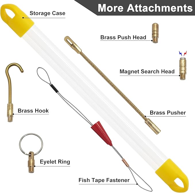 33' Fiberglass Running Electrical Wire Cable Pulling Fish Tape kit with 5 different attachments in a Carrying Case