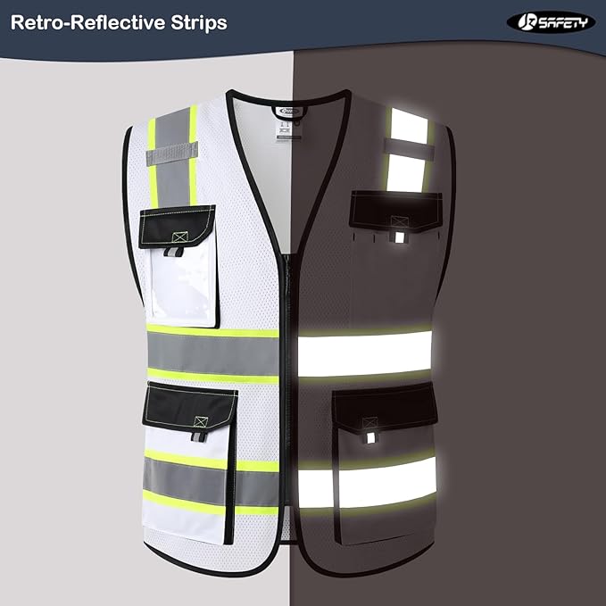 JKSafety Hi Vis Reflective Safety Vests for Men Women High Visibility Vest with Pockets Mesh Fabric Construction Safety Apparel Neon Vest for Work (220-White L)