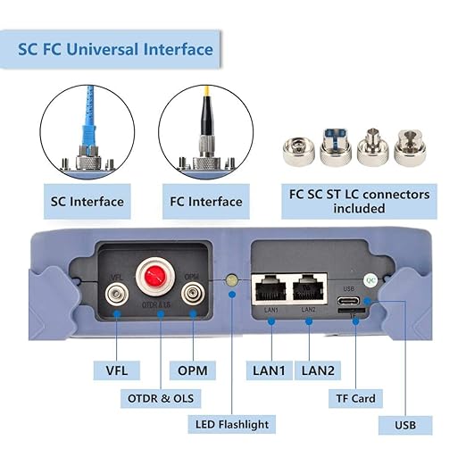 OTDR Fiber Tester 1310/1550nm 26/24dB with 4.3-inch Touch Screen, 11-in-1 OTDR SM with VFL OPM OLS Event Map RJ45, FC/UPC SC ST LC Connectors Included