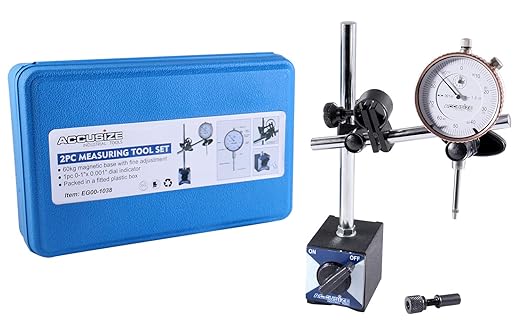 Accusize Industrial Tools 0-1'' by 0.001'' Dial Indicator with Magnetic Base Set, 60 Kg Capacity, Eg00-1038