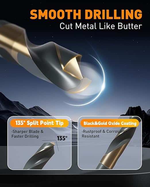 COMOWARE 9/16" Reduced Shank Drill Bit, HSS M2, Black & Gold Drill Bit with 3-Flat 1/2" Shank, 135° Split Point, Metal Drills Bits for Steel/Aluminum/Iron/Plastic/Wood, for Electricians & DIY