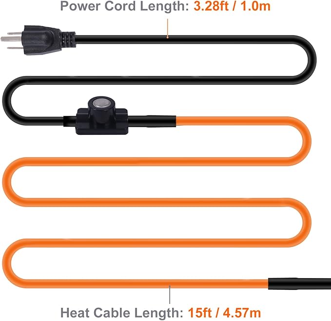 15FT Heat Tape for Water Pipes Freeze Protection IP65 Waterproof 7W/FT 110V BDDFOTO Water Pipe Heat Cable With Thermostat Self-Regulating Pipe Heater for House Garden/RV Camper
