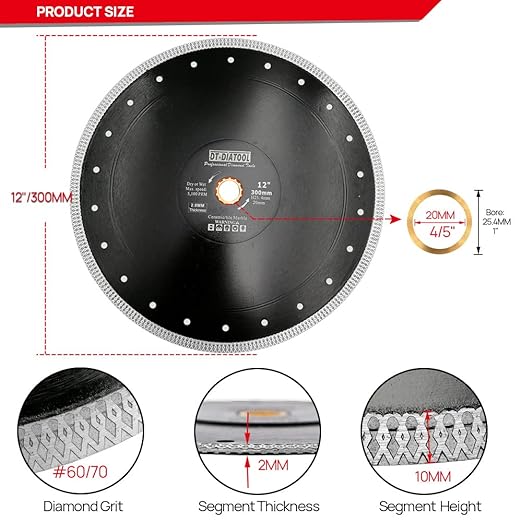 DT-DIATOOL Diamond Tile Blade 12 Inch 2pcs Diamond Turbo X Mesh Rim Segement Circular Saw Blade for Procelain Ceramic Stoneware Marble Granite Fits 5/8"-7/8" Arbor