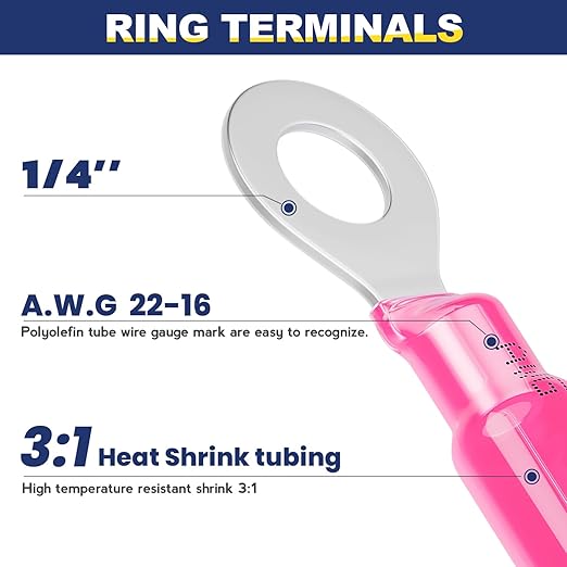 haisstronica 200PCS Heat Shrink Ring Terminals 1/4" Marine Grade Wire Connectors Red AWG 22-16 Gauge, Tinned Red Copper 0.7mm Resistant Ring Connectors, Brazed-Seam Insulated Electrical Crimp