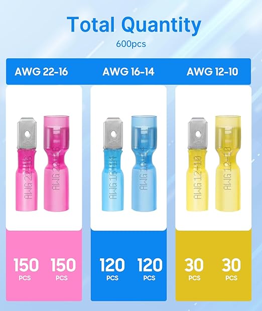 Kuject 600PCS Heat Shrink Wire Connectors, 22-10 AWG Electrical Insulated Male Female Wire Spade Terminals, Quick Disconnect Waterproof Crimp Butt Terminals for Automotive Marine Boat Truck