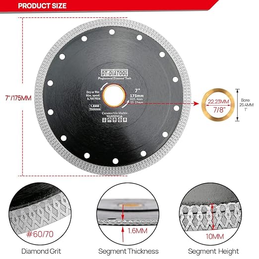 DT-DIATOOL Diamond Tile Blade 7 Inch Diamond Turbo X Mesh Rim Segement Circular Saw Blade for Procelain Ceramic Stoneware Marble Granite Fits 5/8"-7/8" Arbor